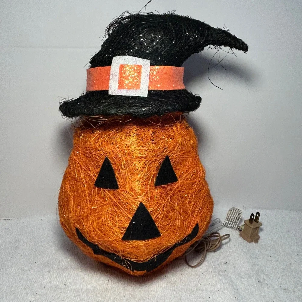 Halloween Lighted Spun String Pumpkin Jack-O-Lantern with Witch Hat Decoration